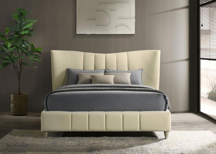 Evelyn Upholstered Queen OR Eastern King Panel Platform Bed Ivory - Venini Furniture 