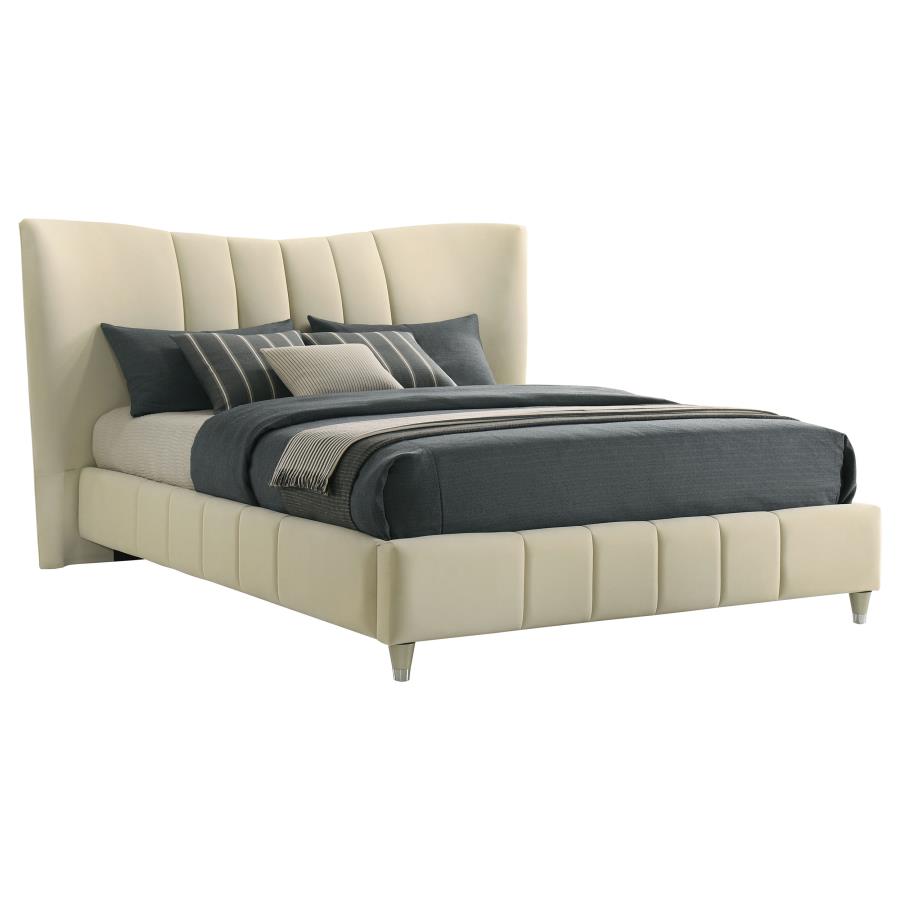 Evelyn Upholstered Queen OR Eastern King Panel Platform Bed Ivory - Venini Furniture 