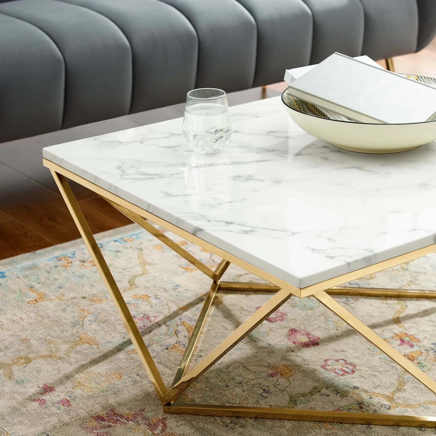 Vertex Gold Metal Stainless Steel Coffee Table in Gold White. - Venini Furniture 
