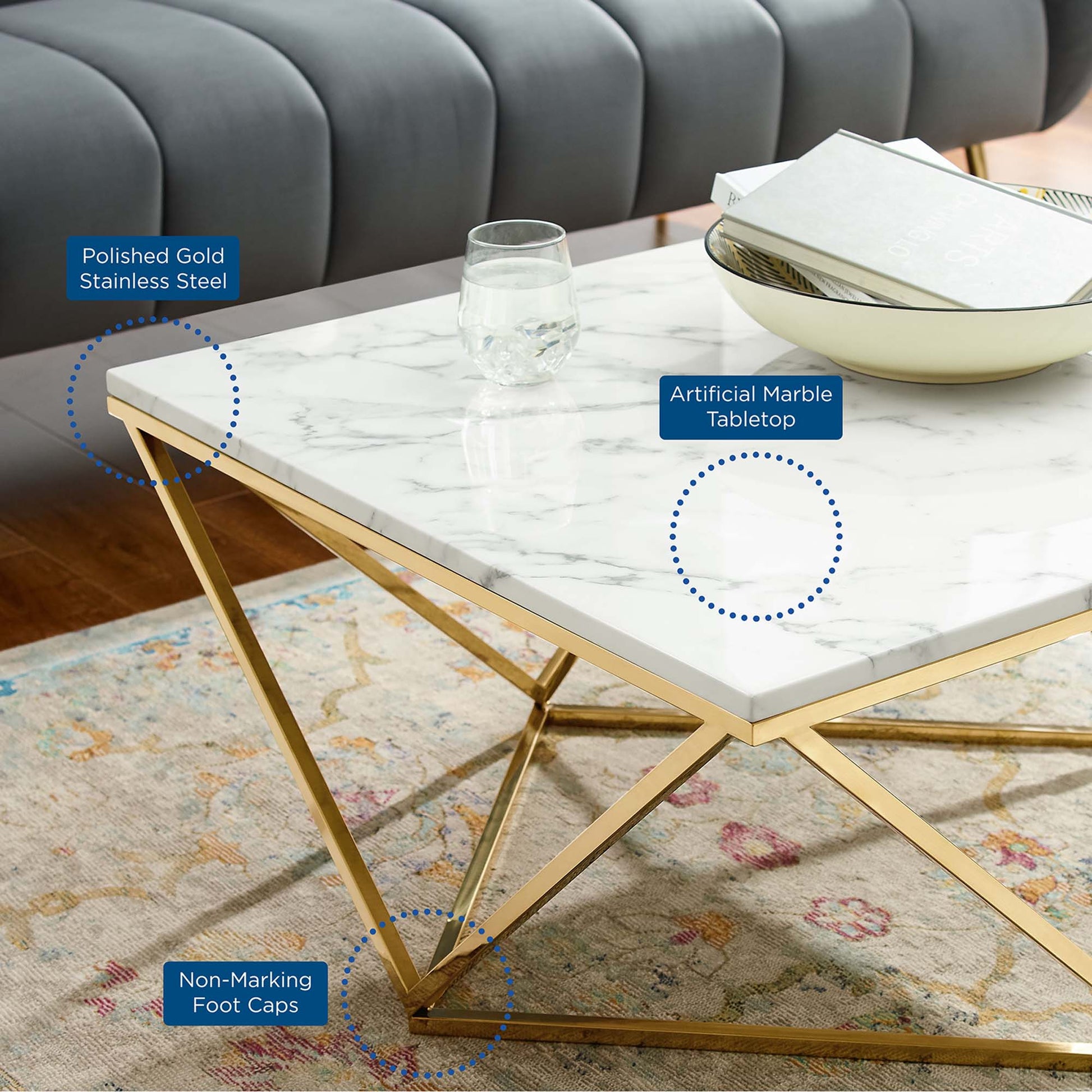Vertex Gold Metal Stainless Steel Coffee Table in Gold White. - Venini Furniture 
