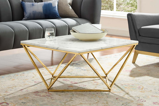 Vertex Gold Metal Stainless Steel Coffee Table in Gold White. - Venini Furniture 