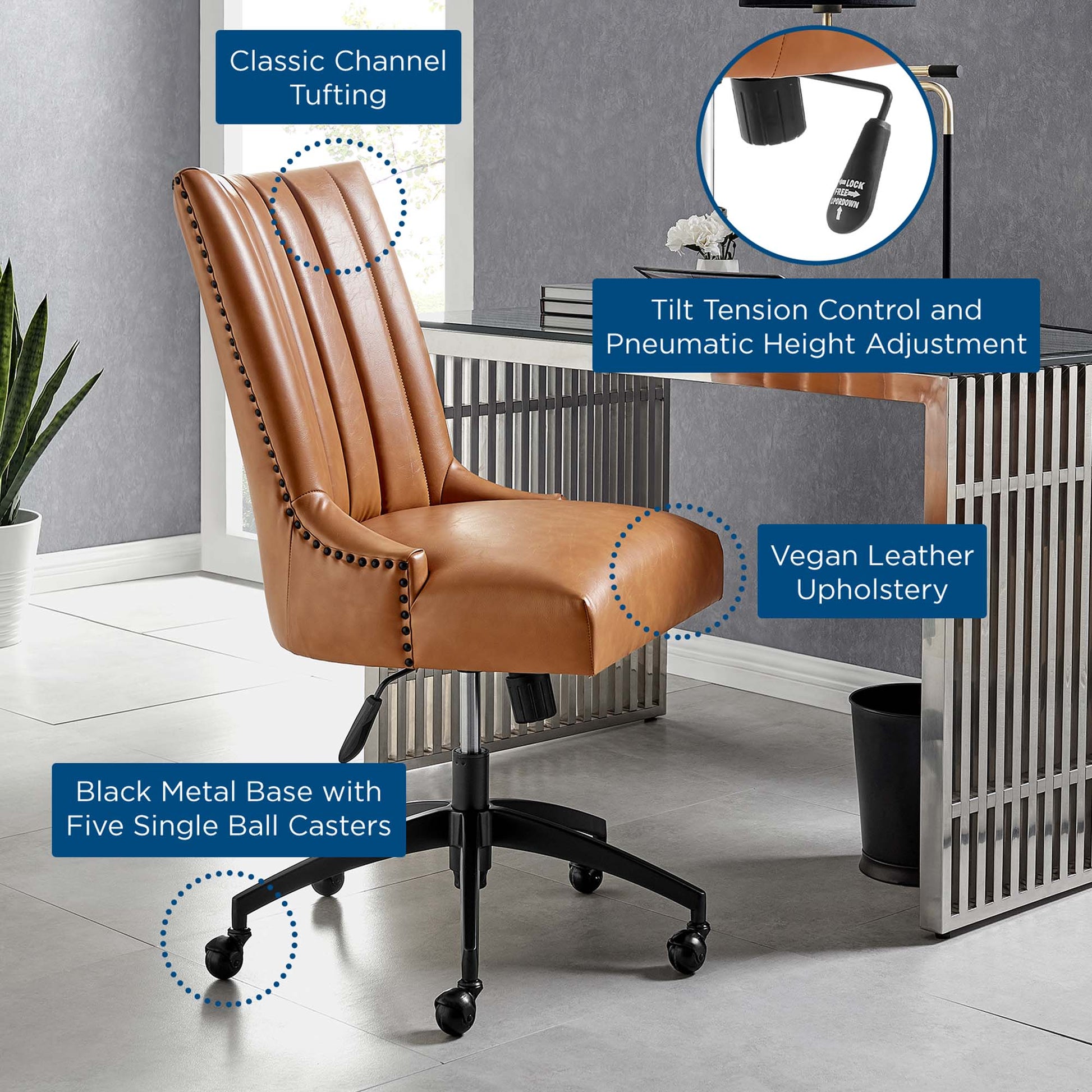 Empower Channel Tufted Vegan Leather Office Chair in Black Tan. - Venini Furniture 