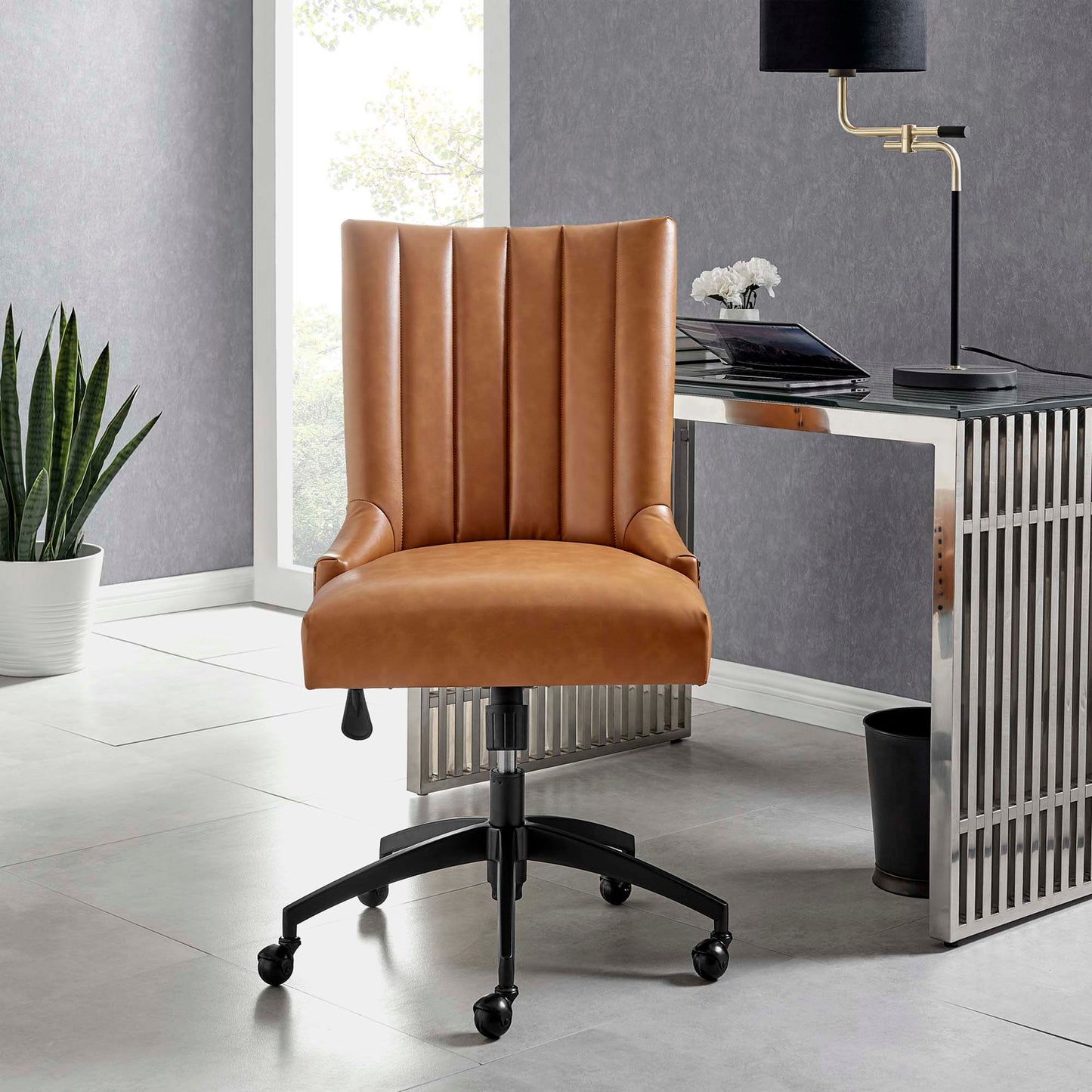 Empower Channel Tufted Vegan Leather Office Chair in Black Tan. - Venini Furniture 
