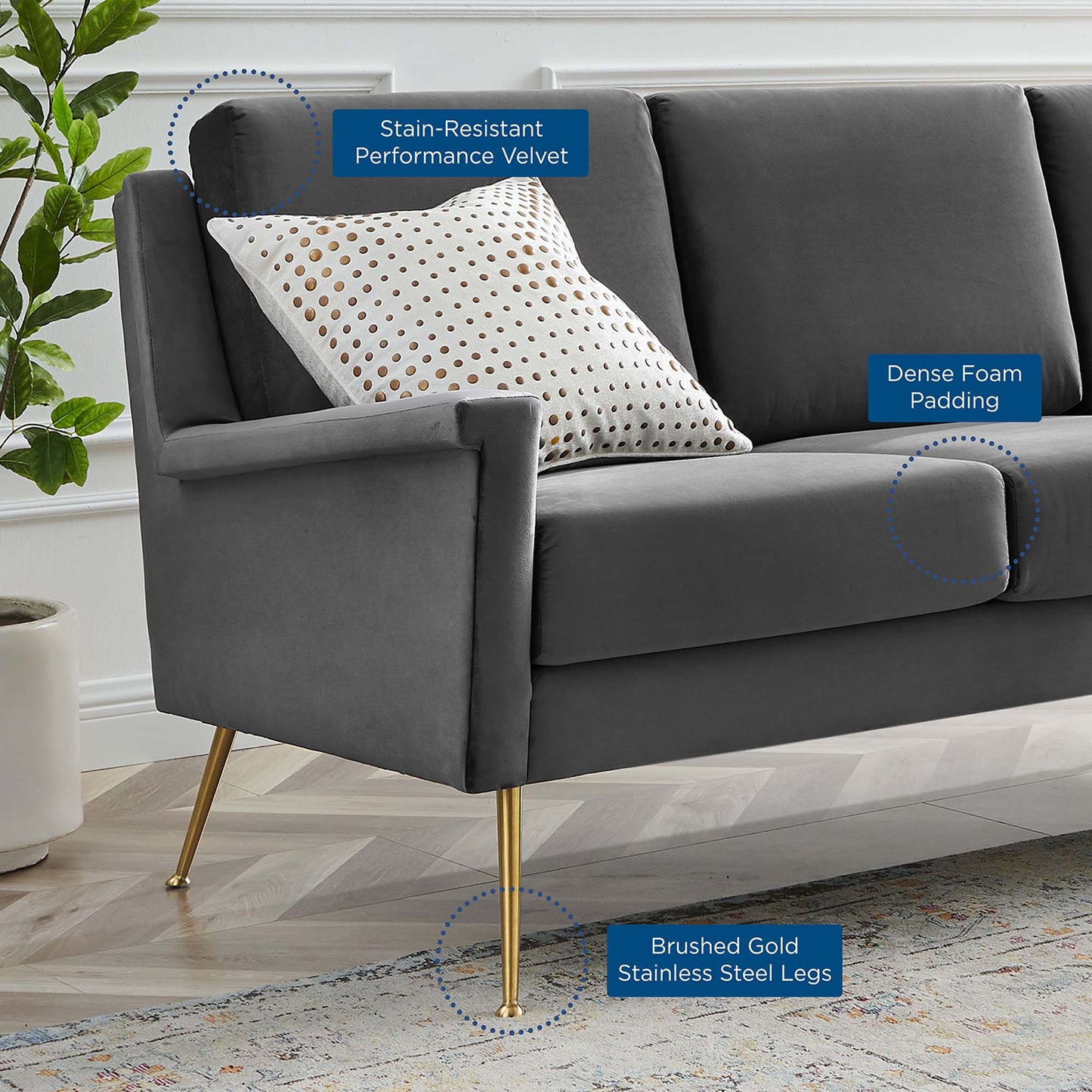 Chesapeake Performance Velvet Sofa in Gold Gray. - Venini Furniture 