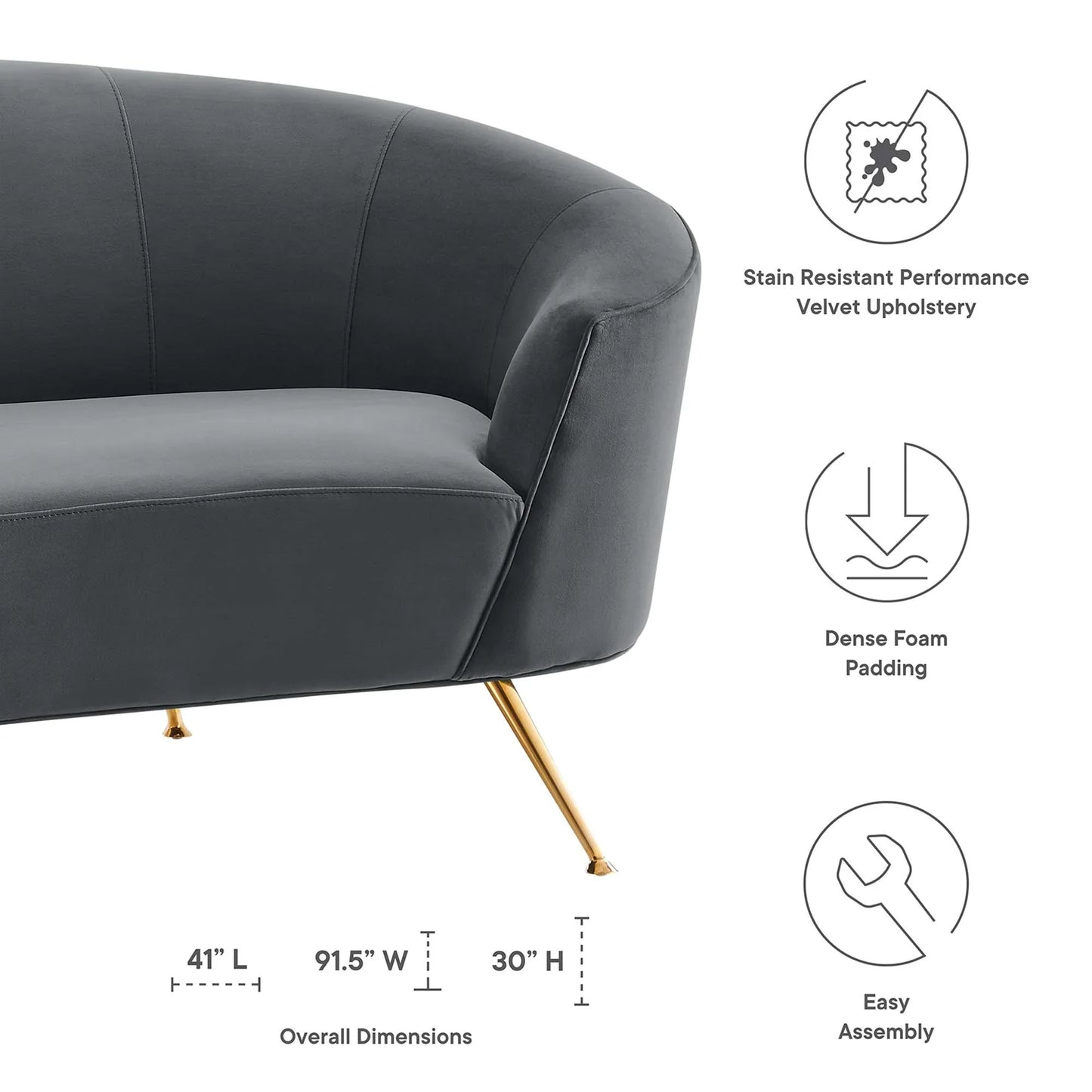 Marchesa Upholstered Performance Velvet Sofa in Gray - Venini Furniture 