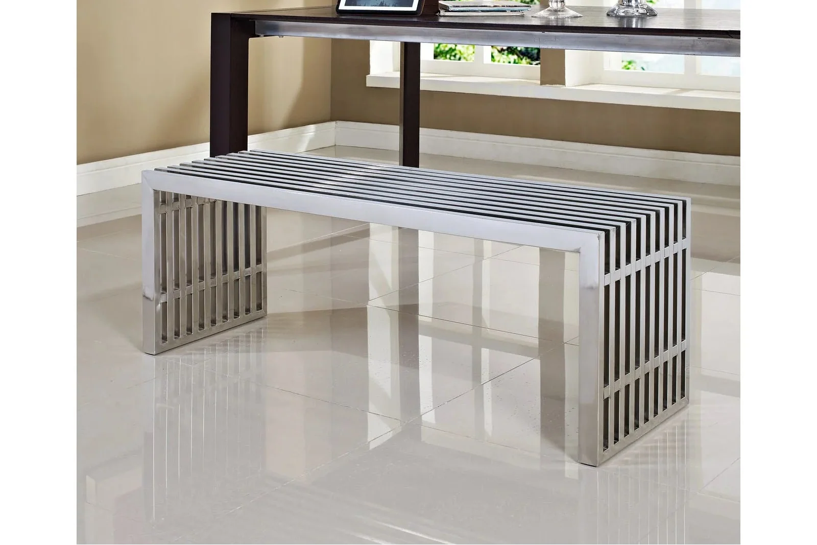 Gridiron Large Stainless Steel Bench in Silver. - Venini Furniture 