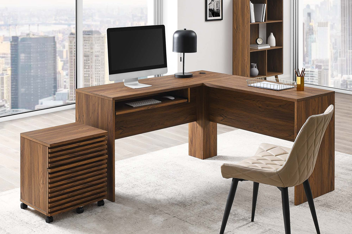Render Wood Desk and File Cabinet Set in Walnut. - Venini Furniture 