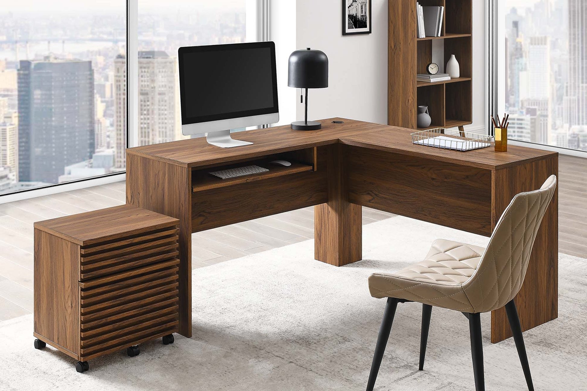 Render Wood Desk and File Cabinet Set in Walnut. - Venini Furniture 
