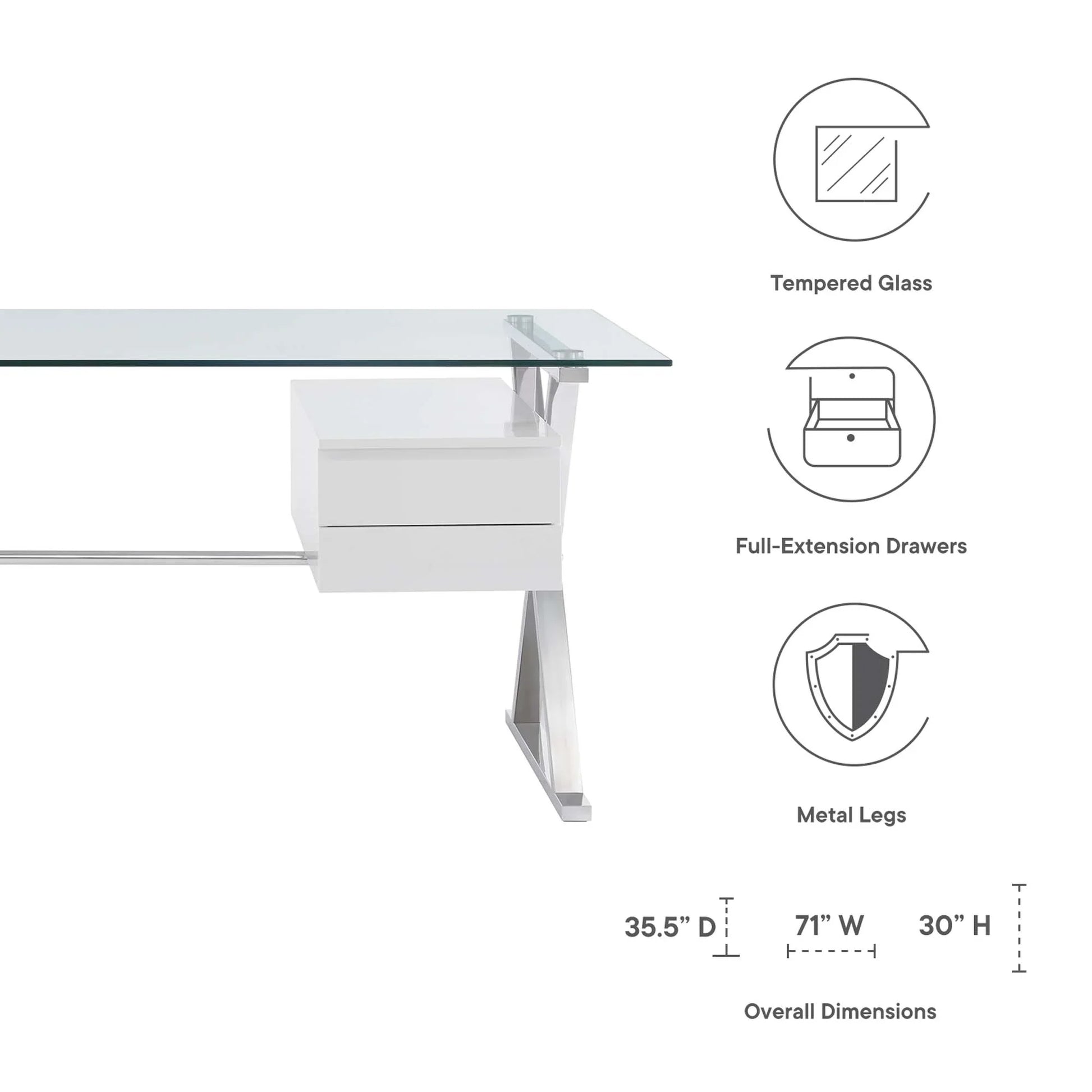 Sector 71" Glass Top Glass Office Desk. - Venini Furniture 