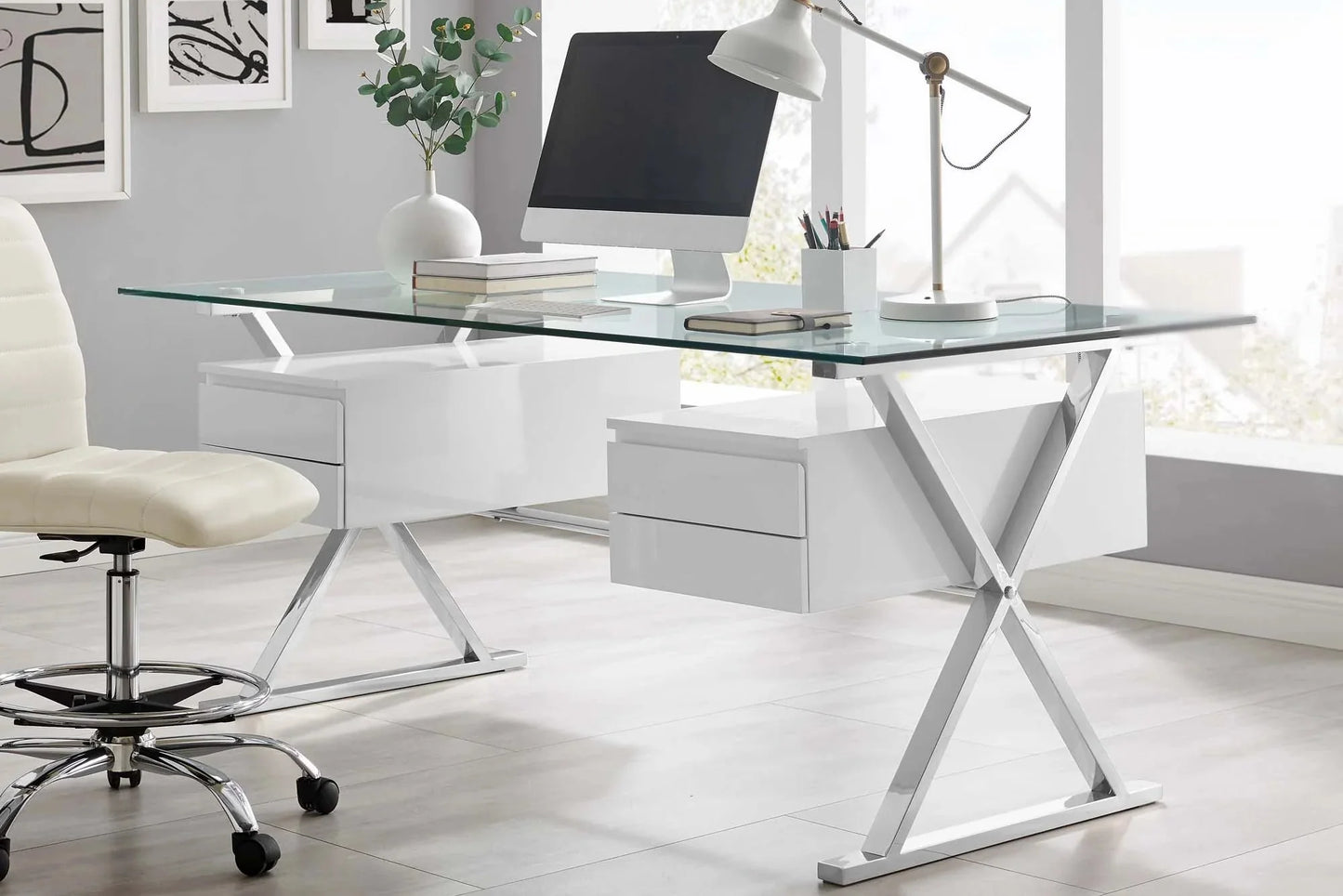 Sector 71" Glass Top Glass Office Desk. - Venini Furniture 