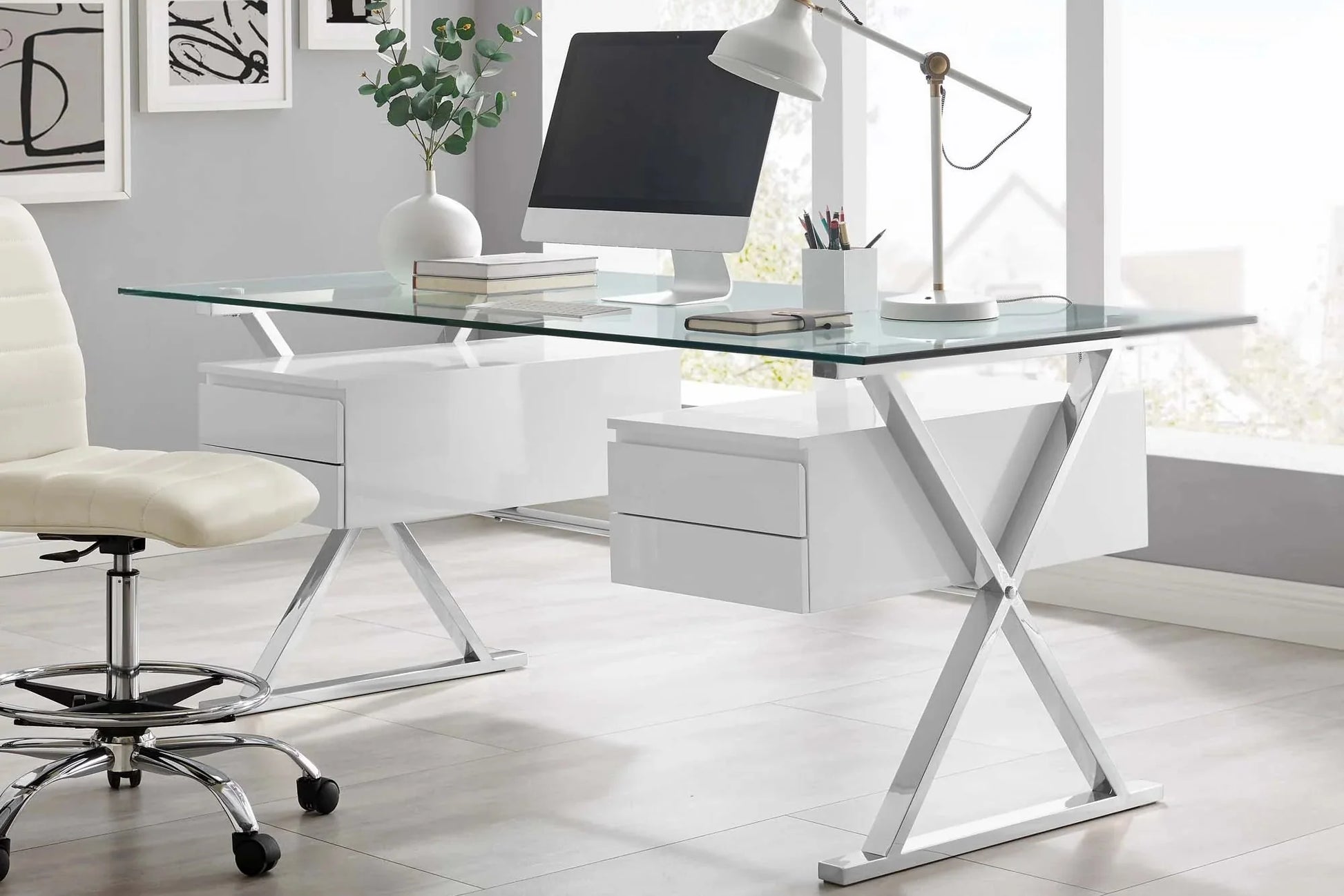 Sector 71" Glass Top Glass Office Desk. - Venini Furniture 
