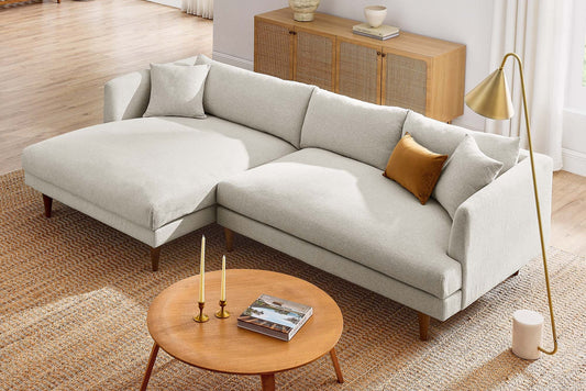 Zoya Left-Facing Down Filled Overstuffed Sectional Sofa in Heathered Weave Ivory. - Venini Furniture 