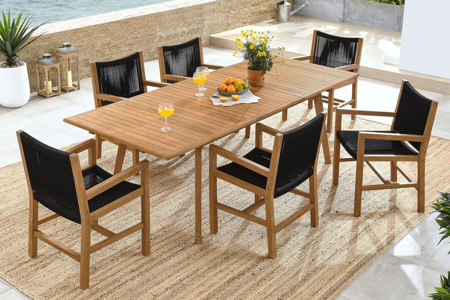 Vienna 7-Piece Outdoor Patio Teak and Rope Dining Set with Armless Chairs. - Venini Furniture 