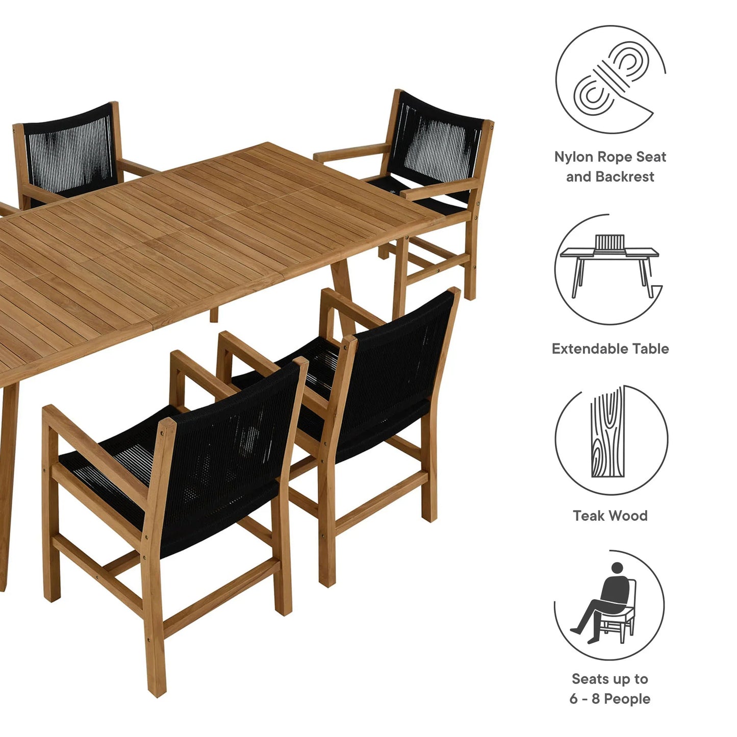Vienna 7-Piece Outdoor Patio Teak and Rope Dining Set with Armless Chairs. - Venini Furniture 