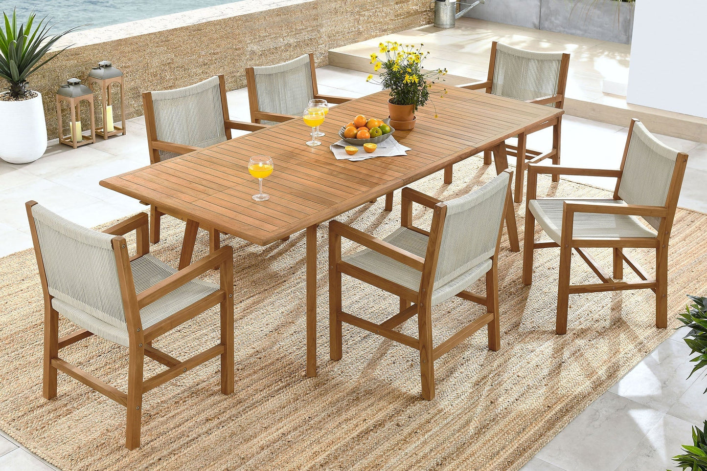 Vienna 7-Piece Outdoor Patio Teak and Rope Dining Set with Armless Chairs. - Venini Furniture 
