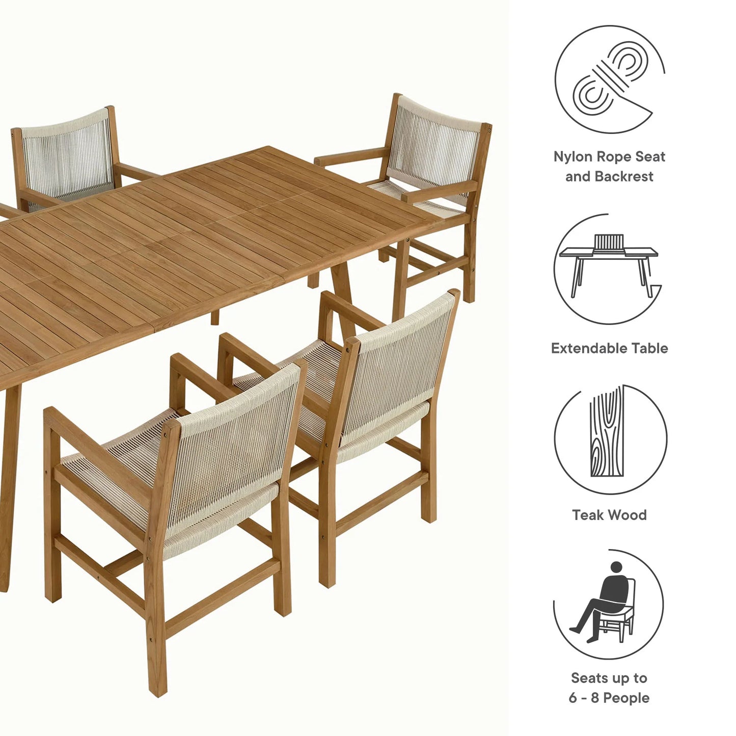 Vienna 7-Piece Outdoor Patio Teak and Rope Dining Set with Armless Chairs. - Venini Furniture 