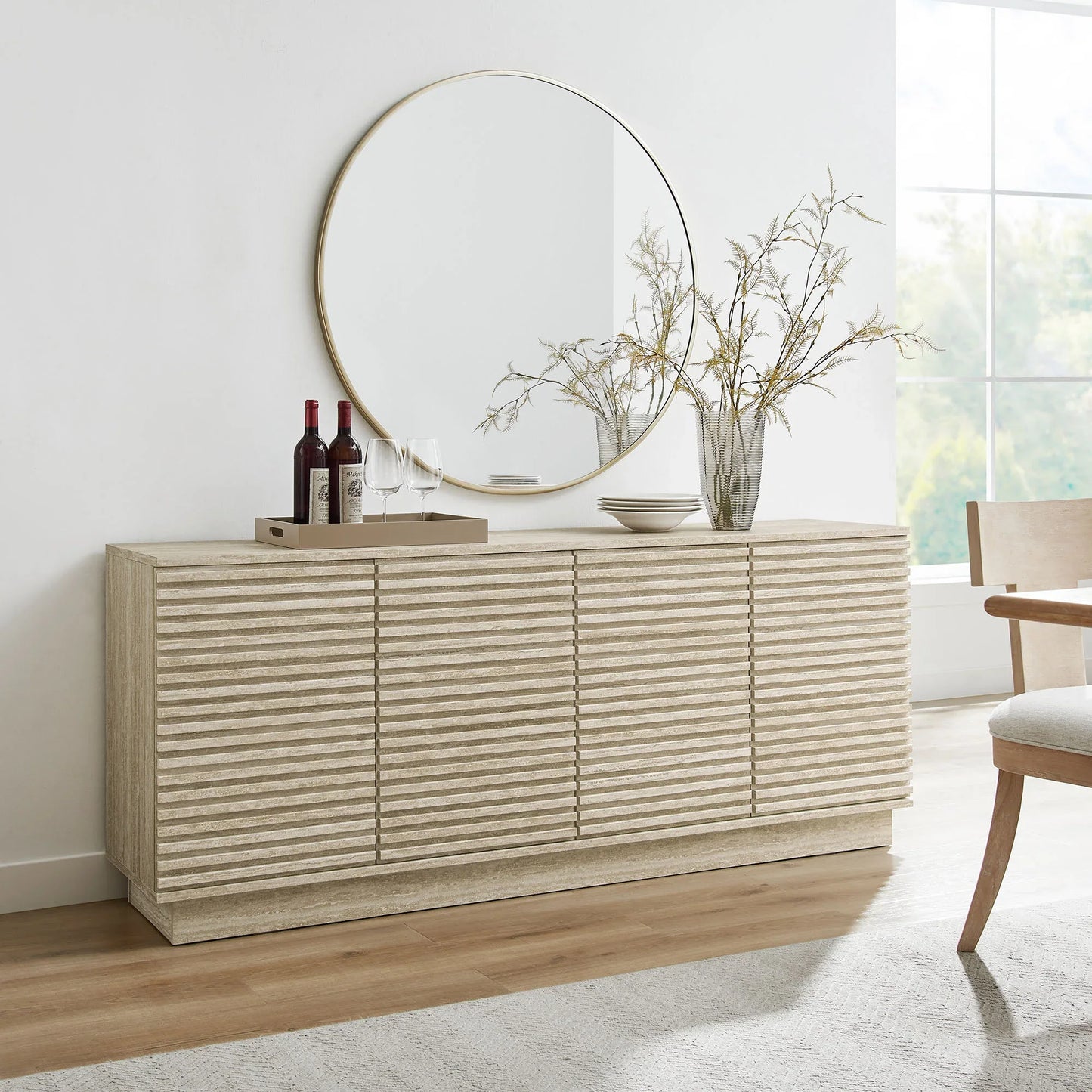 Render 70" Faux Travertine Sideboard Cabinet TV Stand in Travertine. - Venini Furniture 
