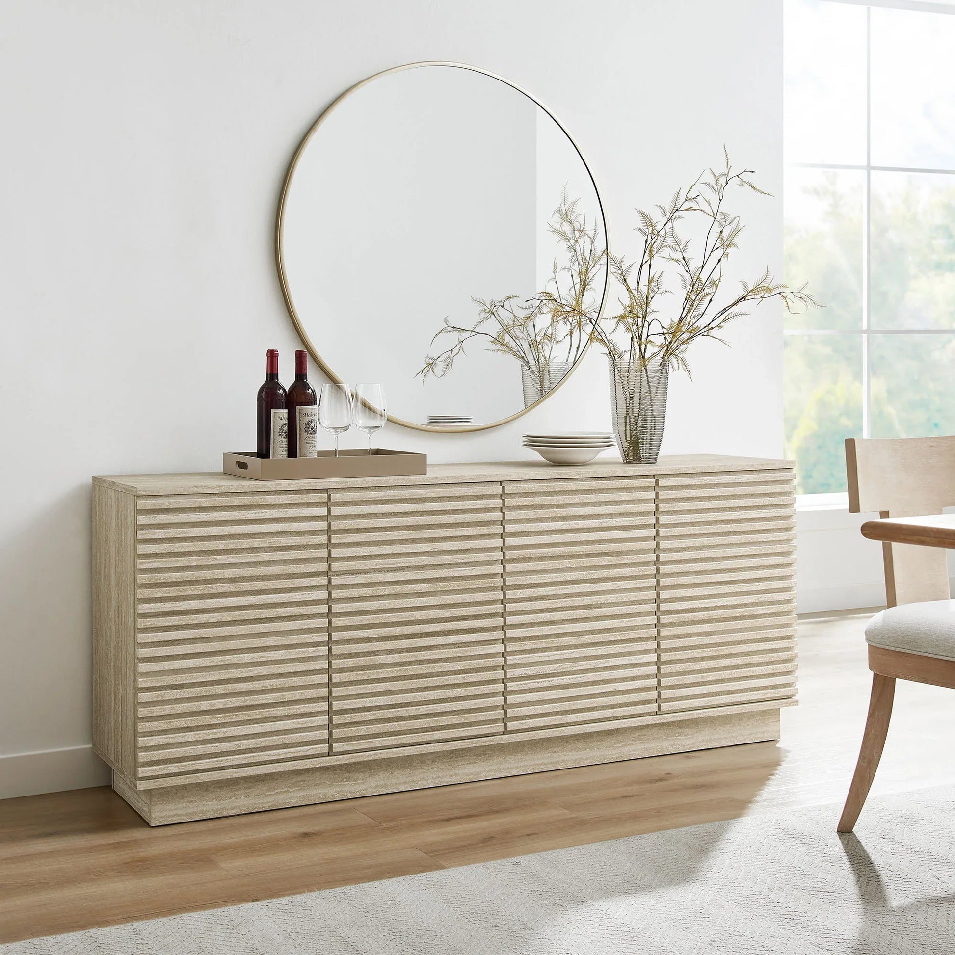 Render 70" Faux Travertine Sideboard Cabinet TV Stand in Travertine. - Venini Furniture 
