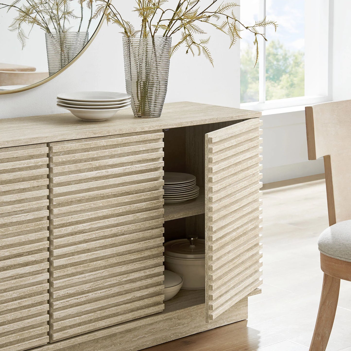 Render 70" Faux Travertine Sideboard Cabinet TV Stand in Travertine. - Venini Furniture 