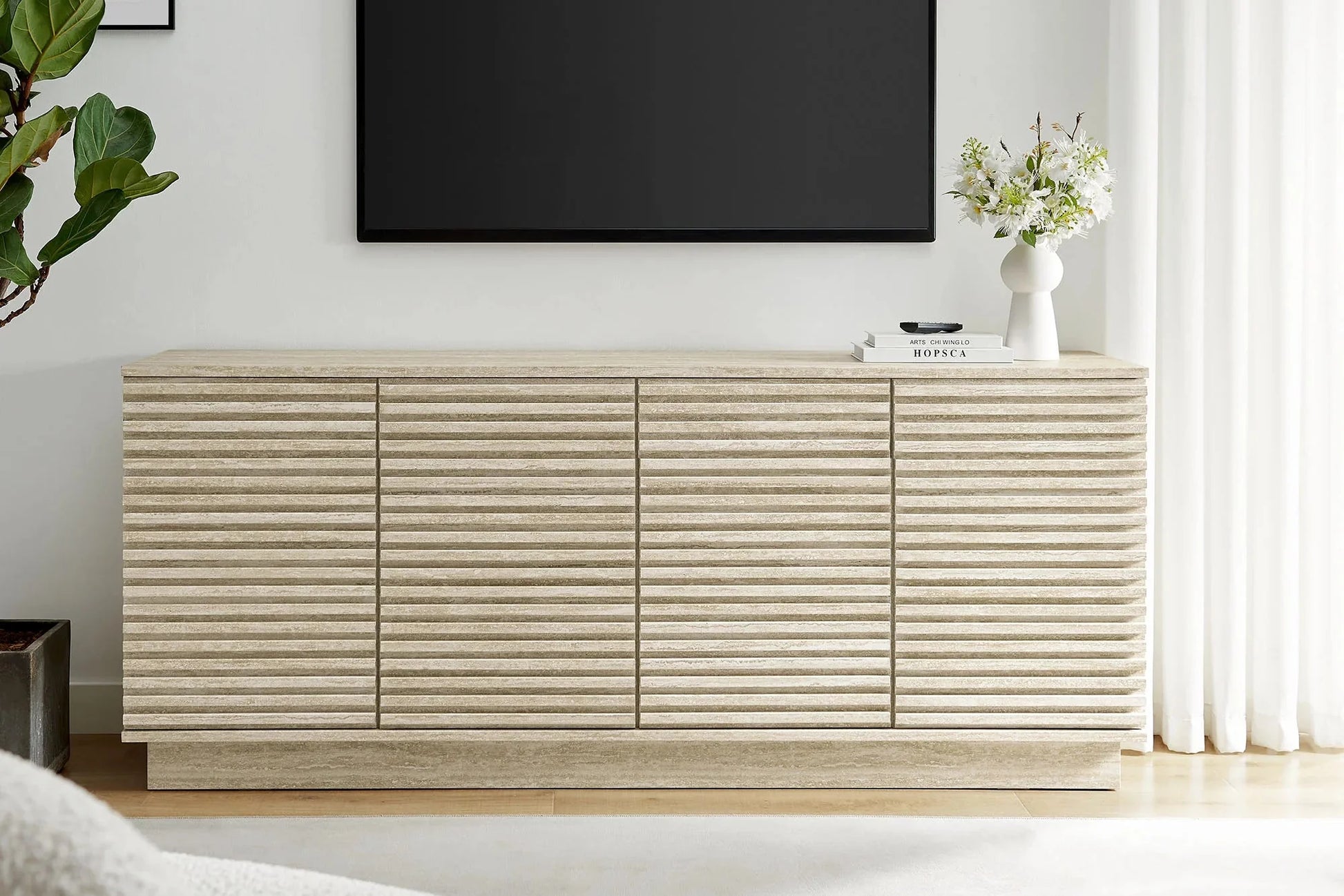 Render 70" Faux Travertine Sideboard Cabinet TV Stand in Travertine. - Venini Furniture 