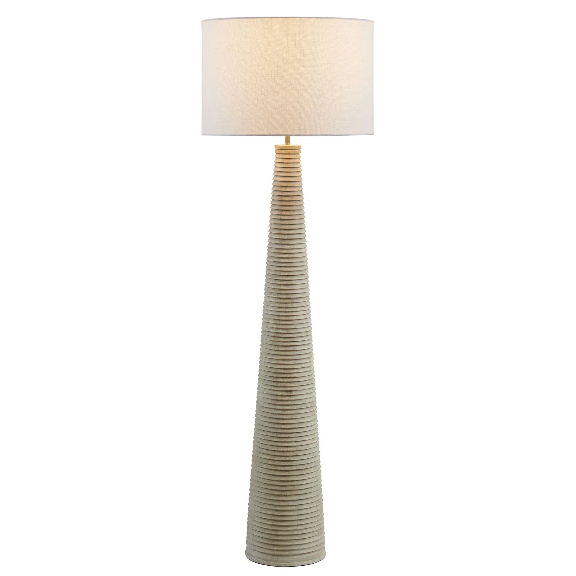 Saylor Carved Ribbed Wood Floor Lamp With Drum Shade in White Gray. - Venini Furniture 
