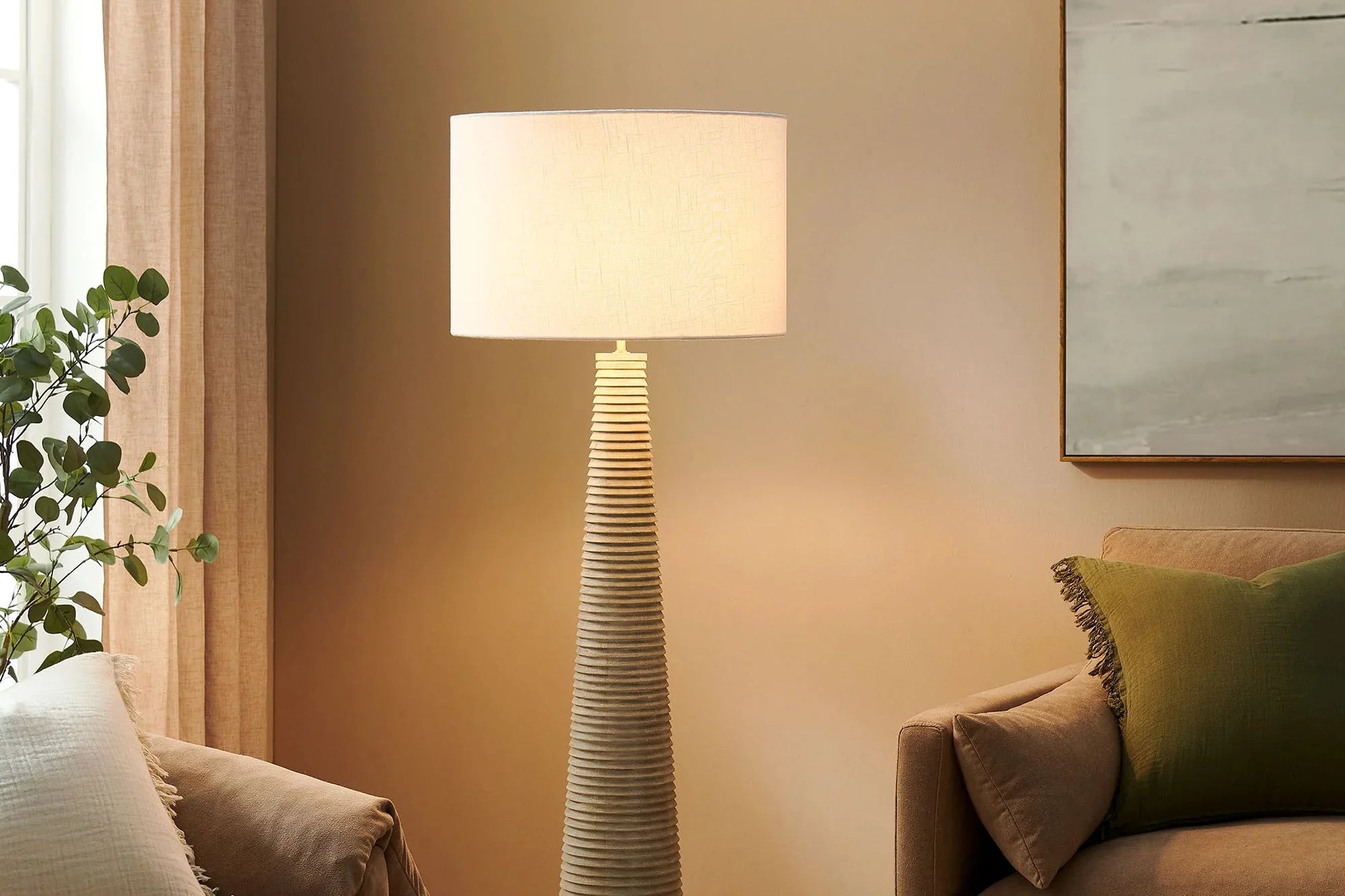 Saylor Carved Ribbed Wood Floor Lamp With Drum Shade in White Gray. - Venini Furniture 
