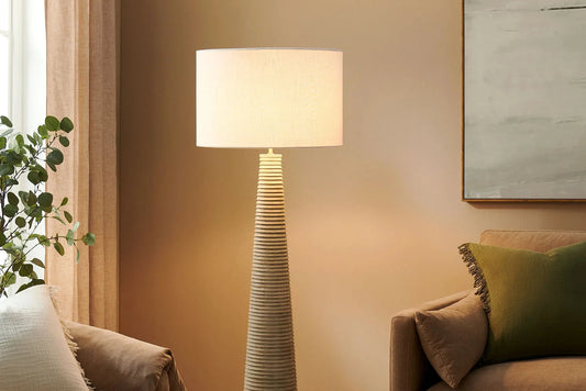 Saylor Carved Ribbed Wood Floor Lamp With Drum Shade in White Gray. - Venini Furniture 