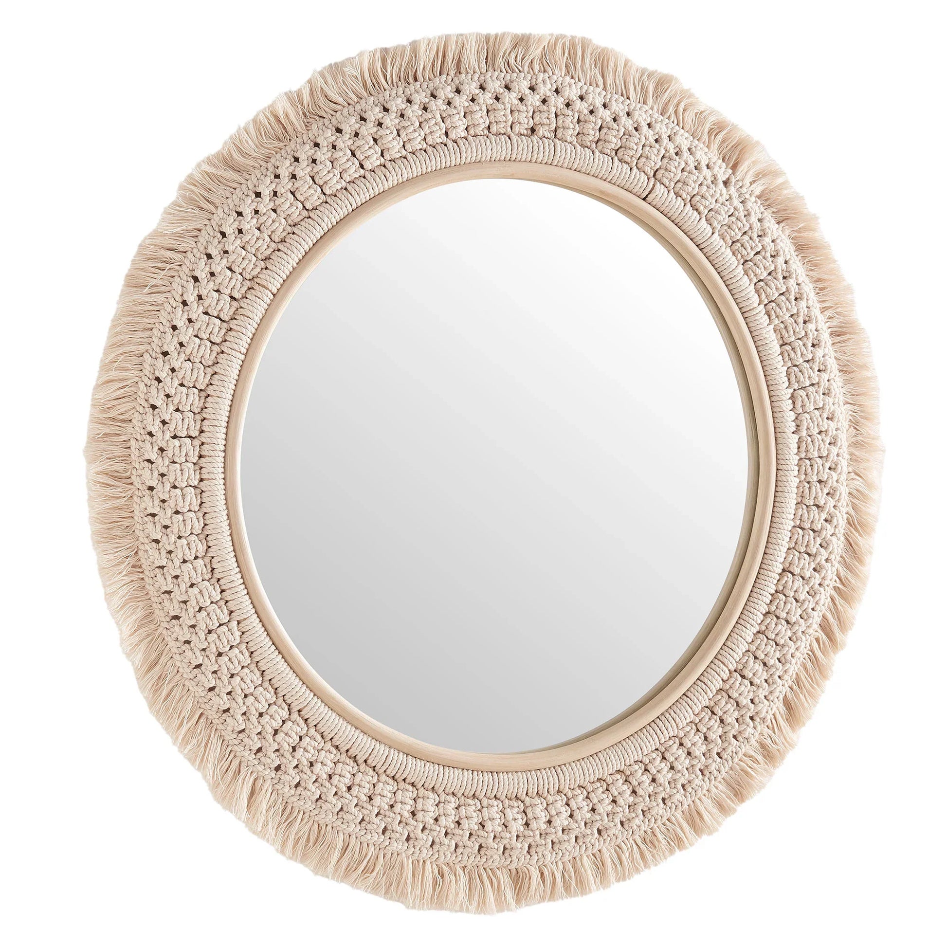 Jade Round Rattan Macrame Wall Mirror in Natural. - Venini Furniture 