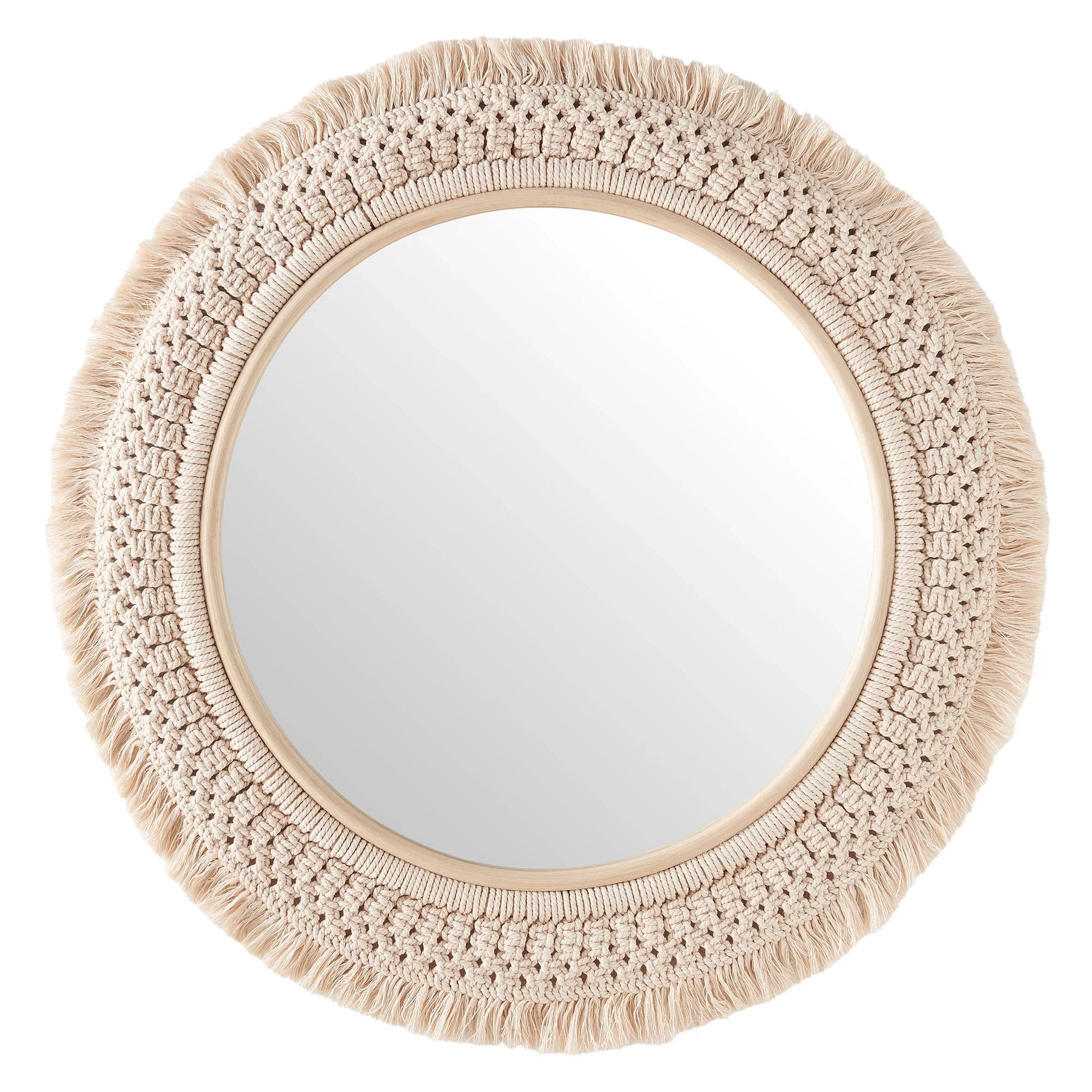 Jade Round Rattan Macrame Wall Mirror in Natural. - Venini Furniture 