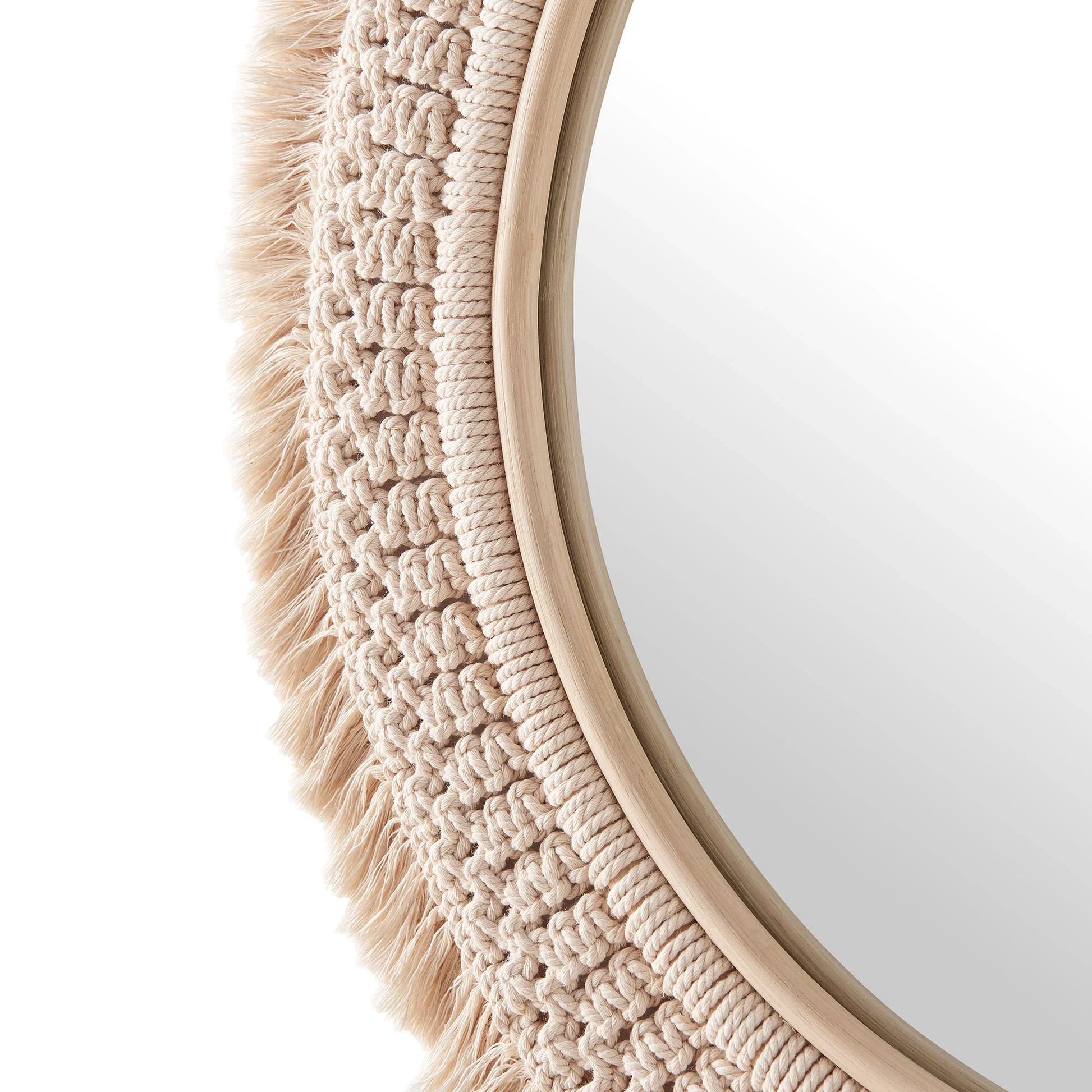 Jade Round Rattan Macrame Wall Mirror in Natural. - Venini Furniture 