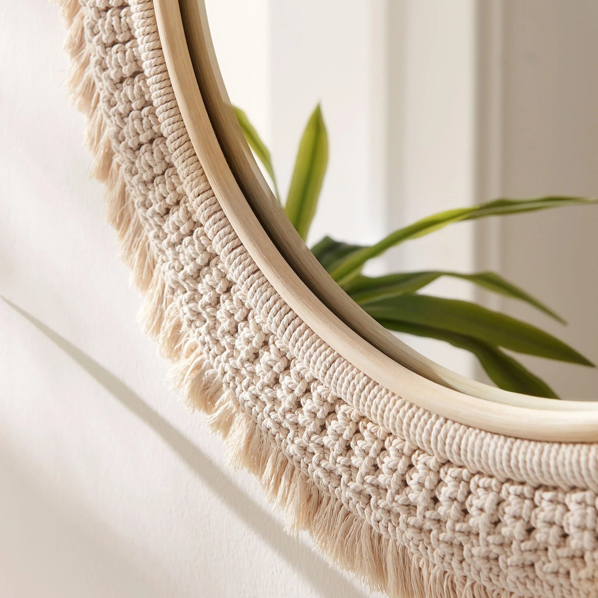 Jade Round Rattan Macrame Wall Mirror in Natural. - Venini Furniture 