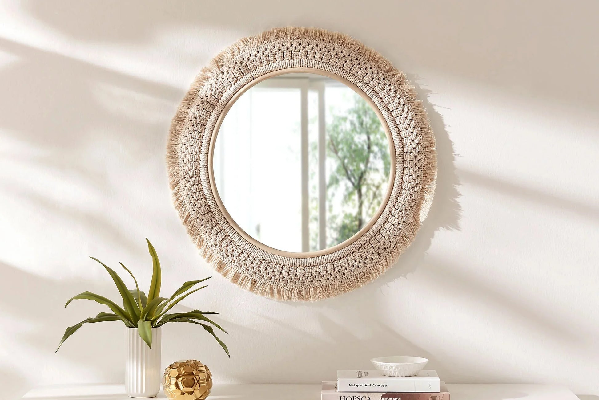 Jade Round Rattan Macrame Wall Mirror in Natural. - Venini Furniture 