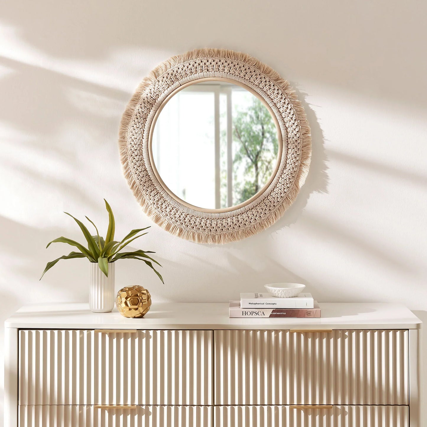 Jade Round Rattan Macrame Wall Mirror in Natural. - Venini Furniture 