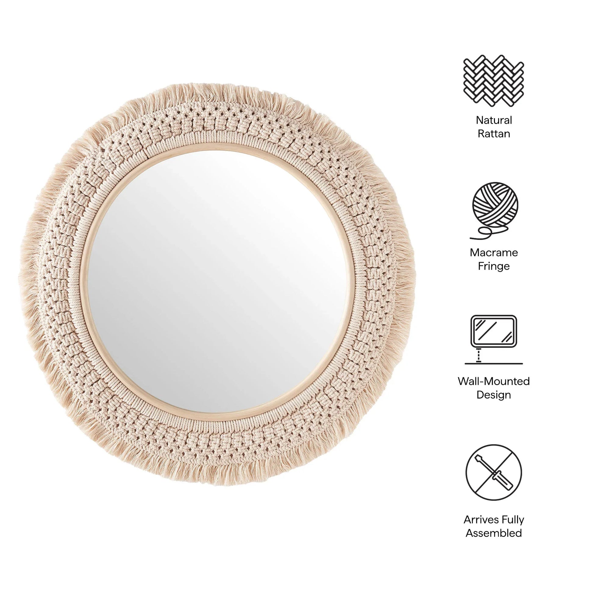 Jade Round Rattan Macrame Wall Mirror in Natural. - Venini Furniture 