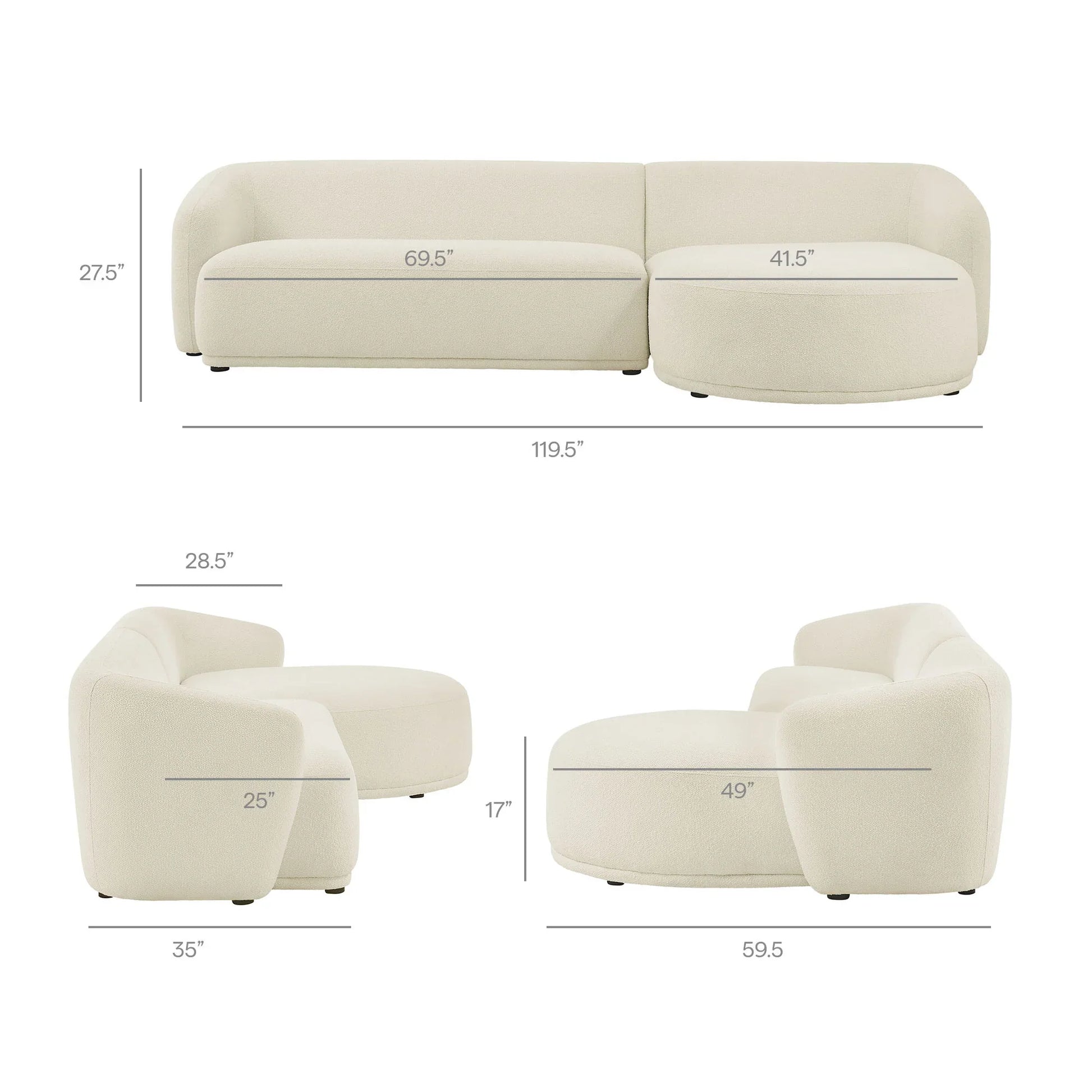 Monica 2 Piece Right Facing Boucle Fabric Modular Sofa with Chaise - Venini Furniture 