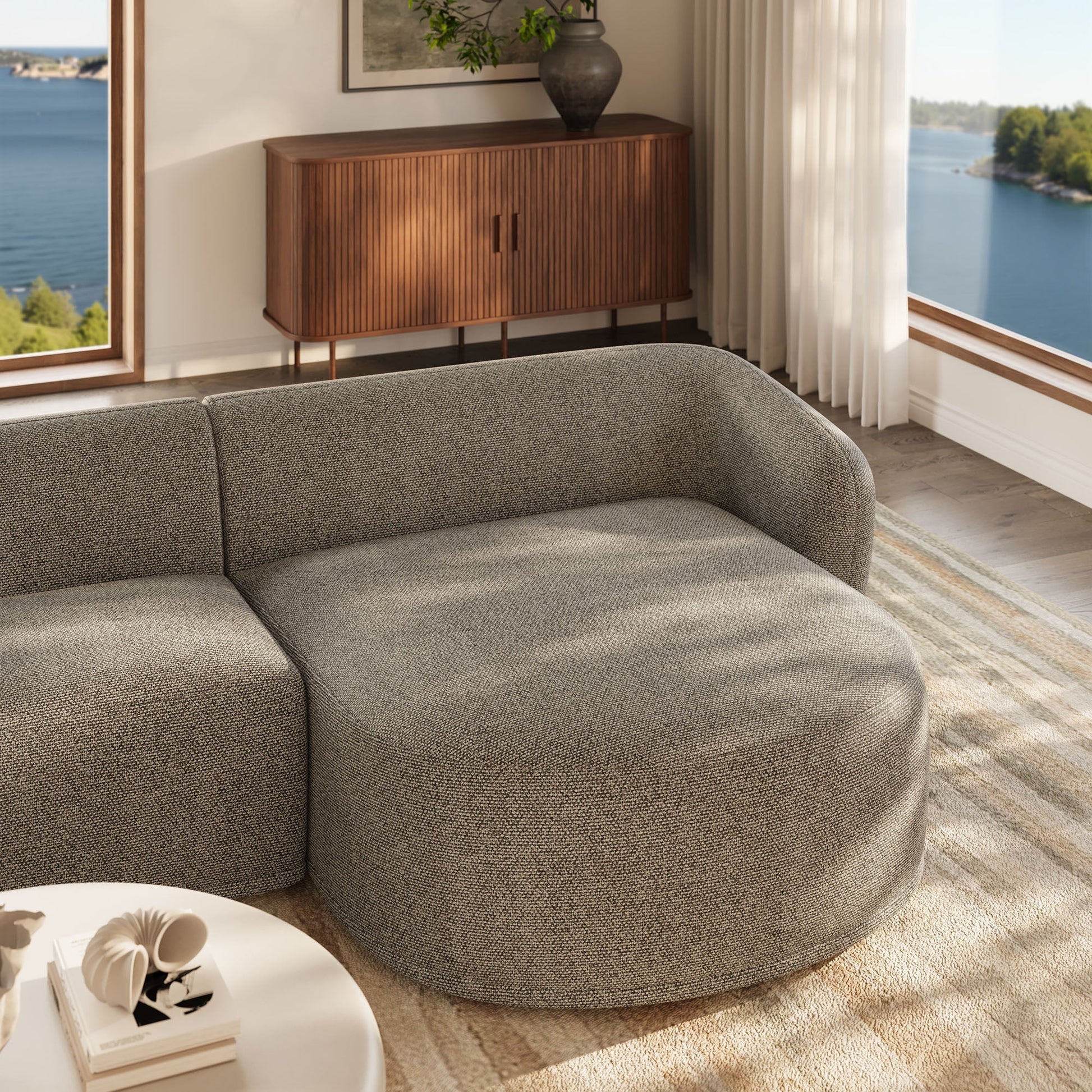 Monica 2 Piece Right Facing Boucle Fabric Modular Sofa with Chaise - Venini Furniture 