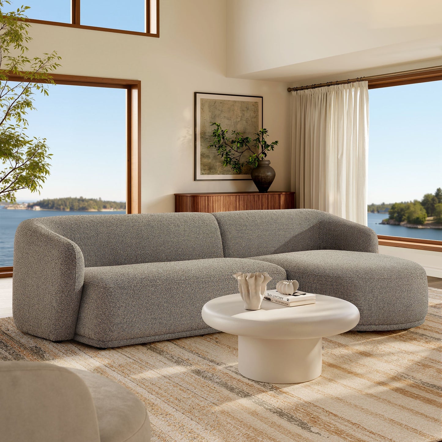 Monica 2 Piece Right Facing Boucle Fabric Modular Sofa with Chaise - Venini Furniture 