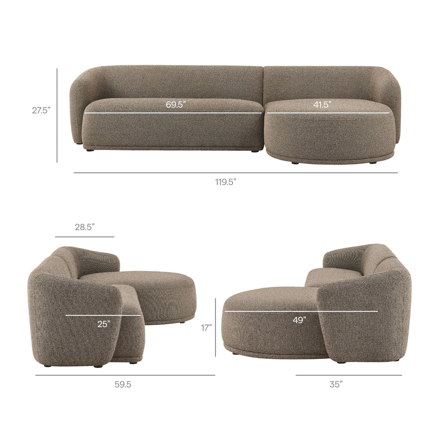 Monica 2 Piece Right Facing Boucle Fabric Modular Sofa with Chaise - Venini Furniture 