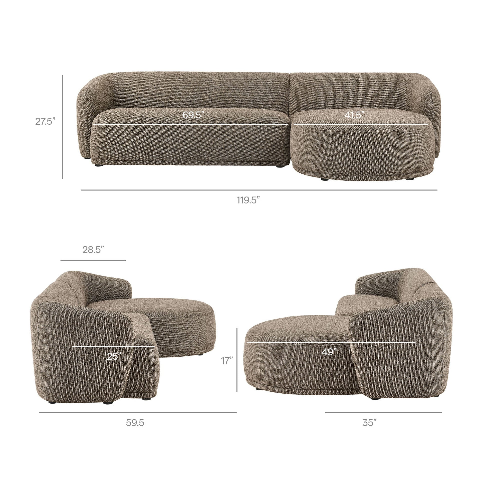 Monica 2 Piece Right Facing Boucle Fabric Modular Sofa with Chaise - Venini Furniture 