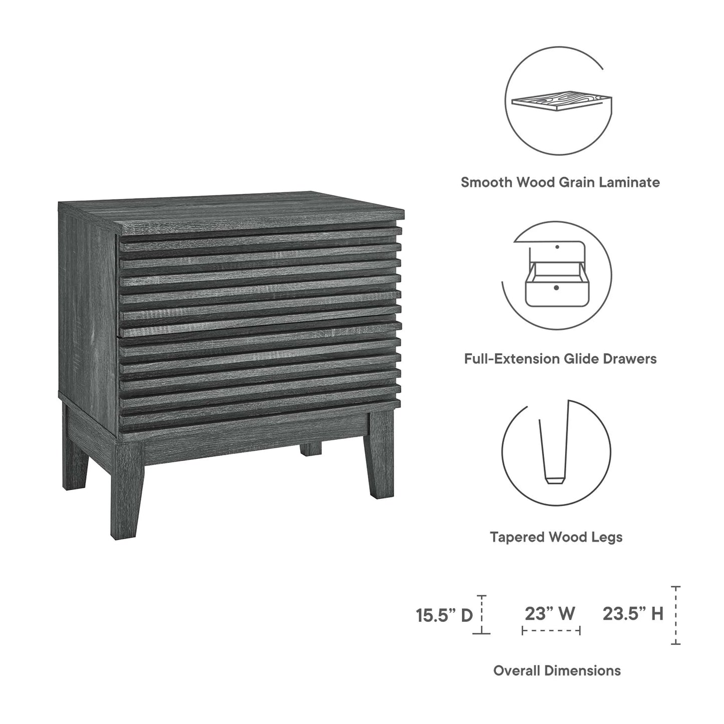 Render Two-Drawer Nightstand in Charcoal. - Venini Furniture 