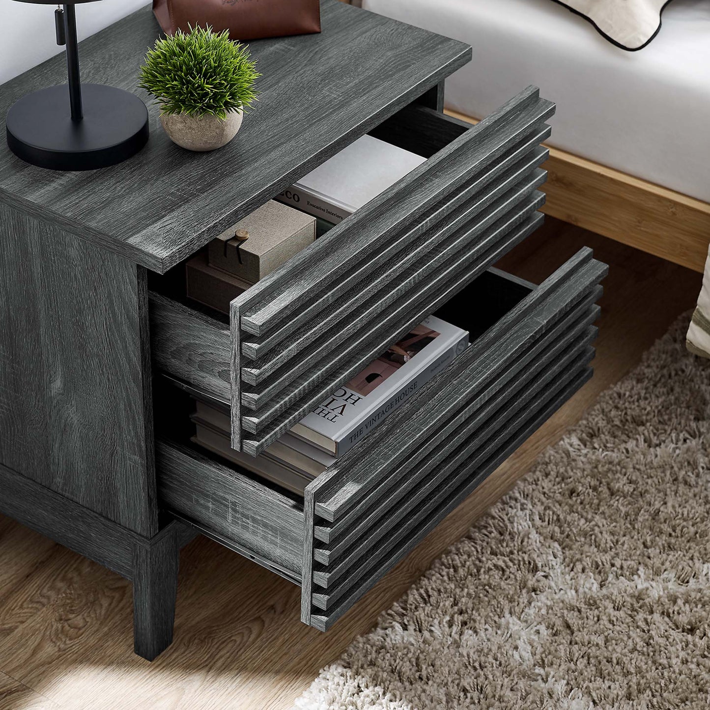 Render Two-Drawer Nightstand in Charcoal. - Venini Furniture 