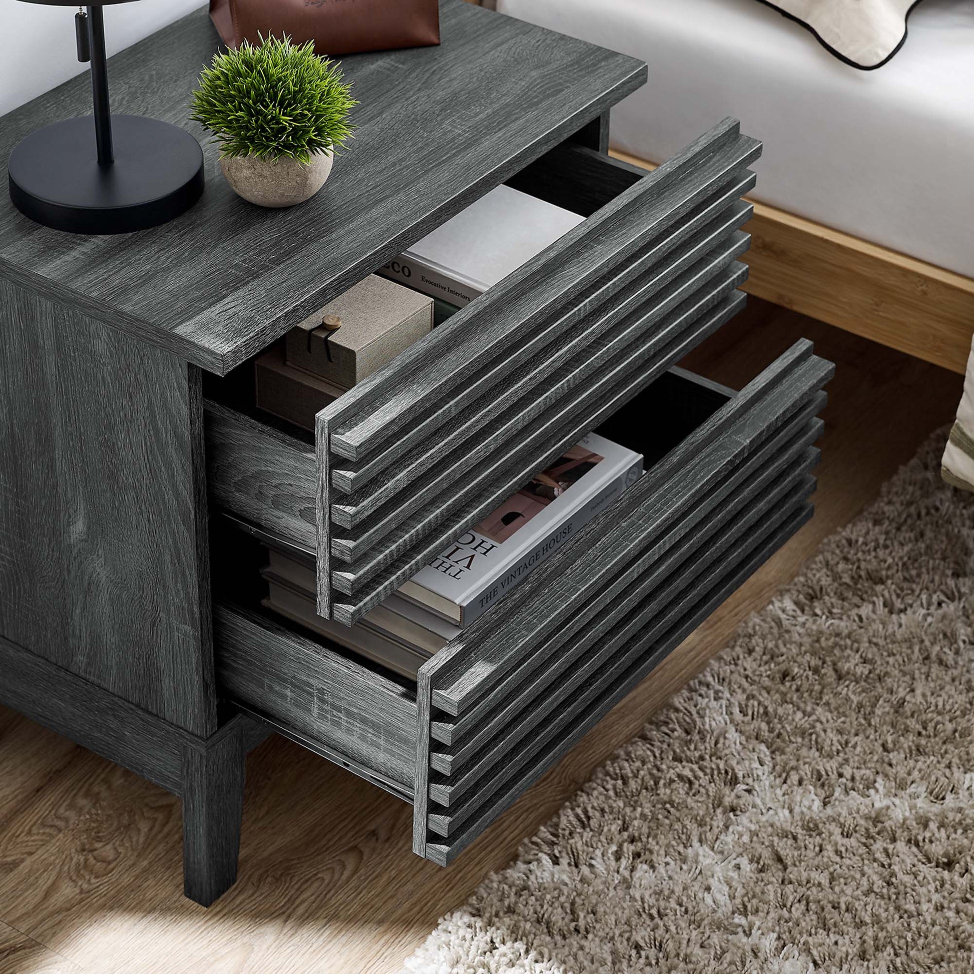 Render Two-Drawer Nightstand in Charcoal. - Venini Furniture 