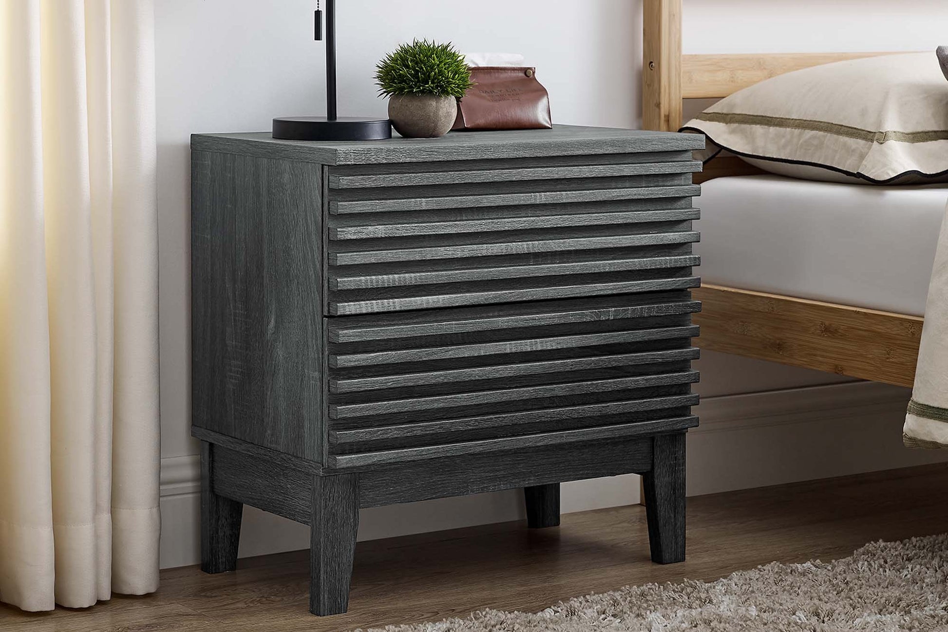 Render Two-Drawer Nightstand in Charcoal. - Venini Furniture 