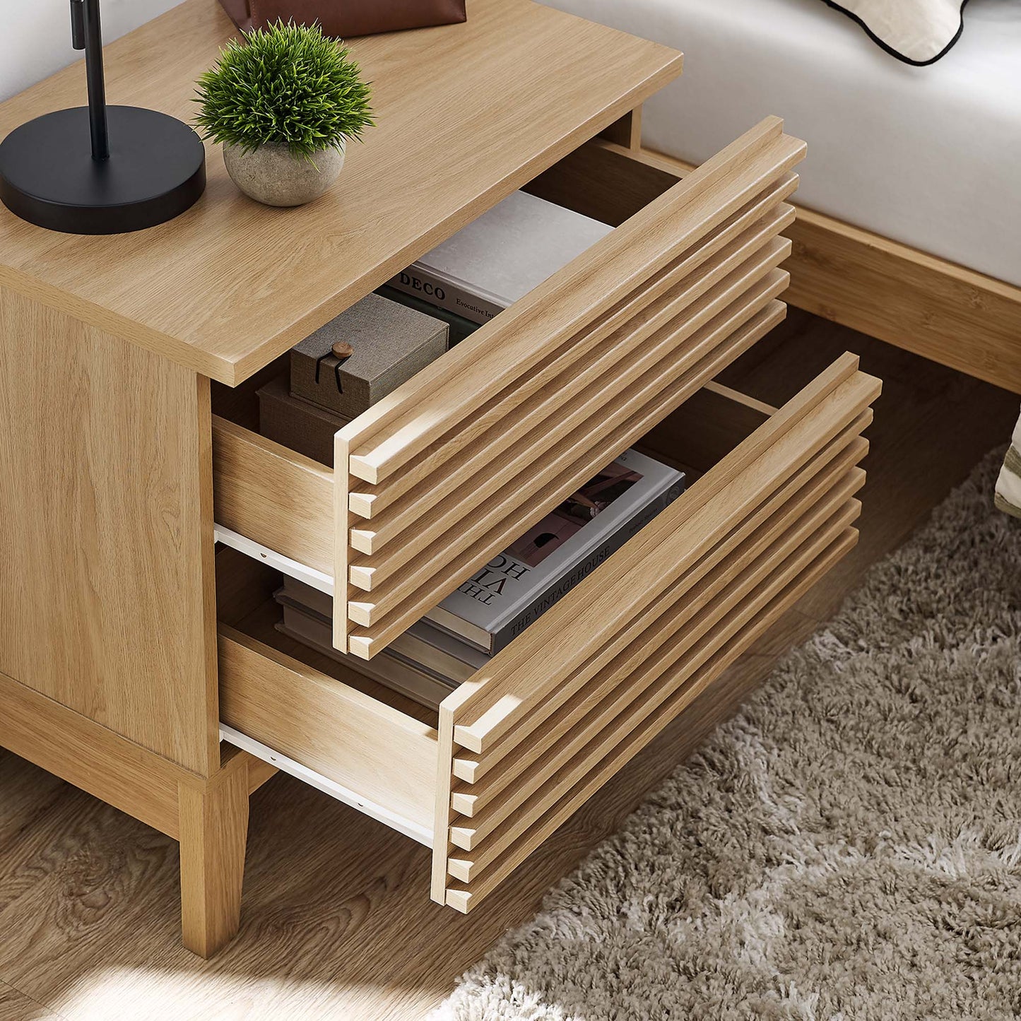 Render Two-Drawer Nightstand in Charcoal. - Venini Furniture 