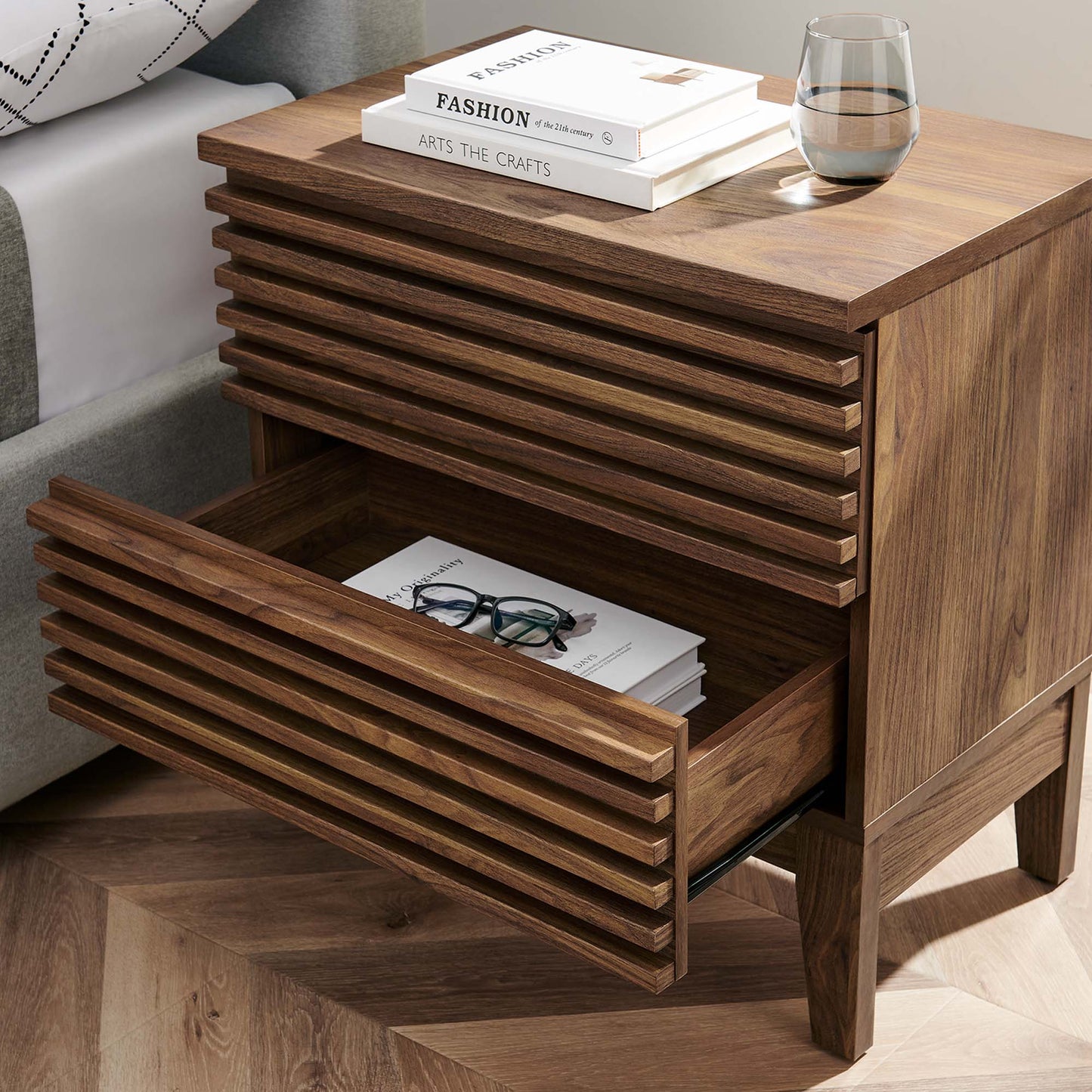 Render Two-Drawer Nightstand in Charcoal. - Venini Furniture 