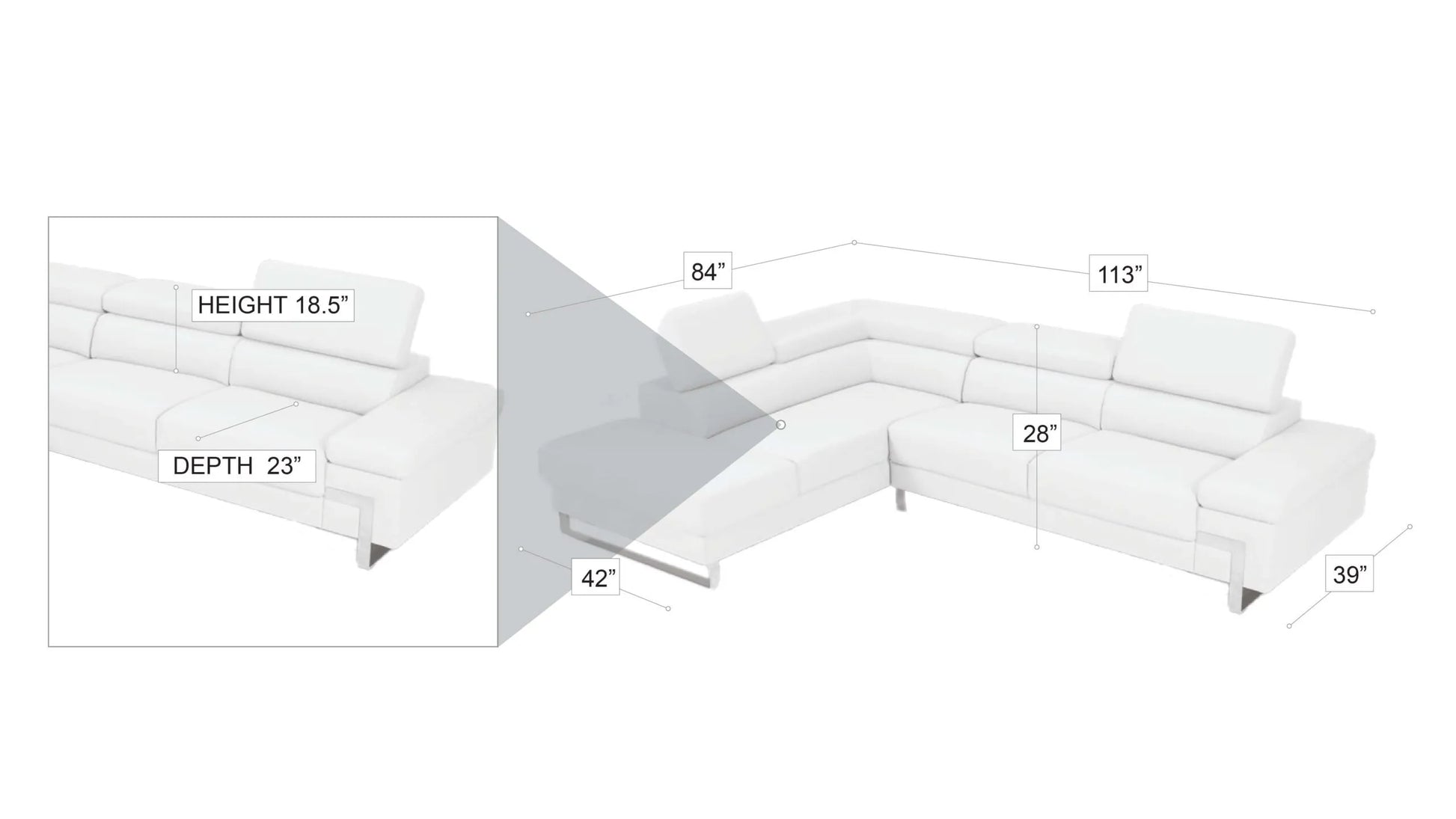 Athena Sectional in White, Black, Grey and Left or Right - Venini Furniture 