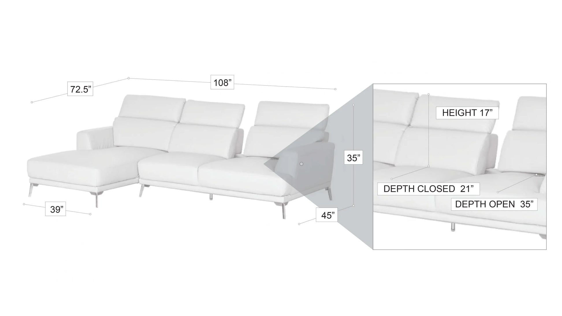 Kim Sectional in White or Grey and Left or Right - Venini Furniture 