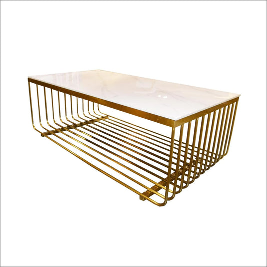 FUERY 51-Inch Gold-Finish Coffee Table with Marble-Design Top