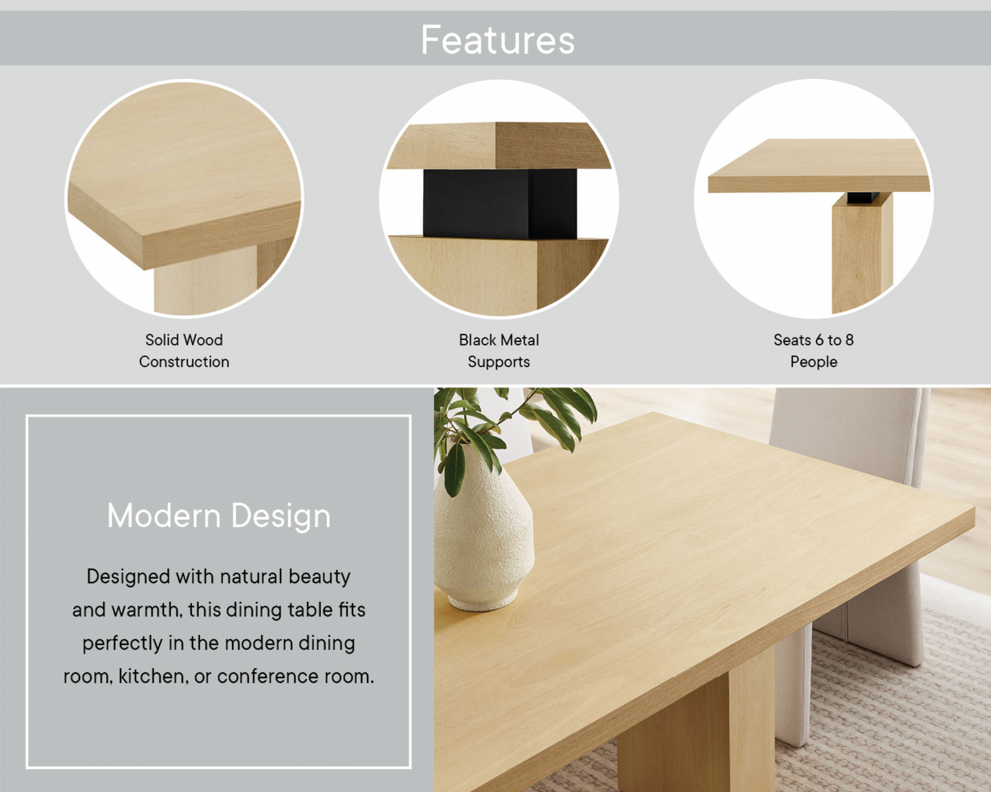 Piston 82" Rectangular Wood Dining Table in Natural. - Venini Furniture 