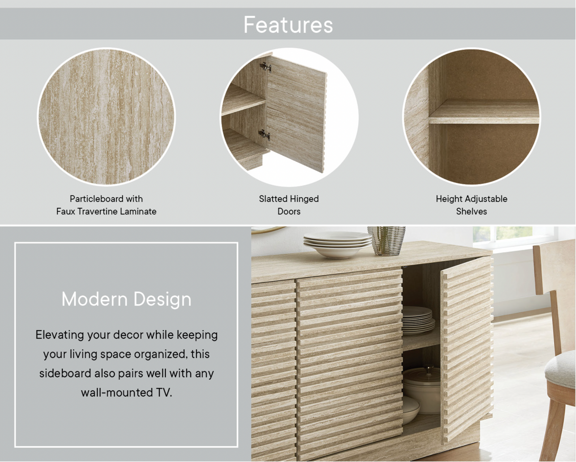 Render 70" Faux Travertine Sideboard Cabinet TV Stand in Travertine. - Venini Furniture 